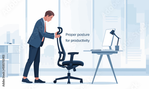 Man in suit adjusts ergonomic office chair for proper posture in a modern office setting with desk and computer.