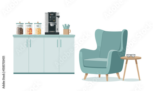 Illustration of a break room featuring a cabinet with coffee, snacks, and a coffee machine, next to a comfortable armchair and small table.