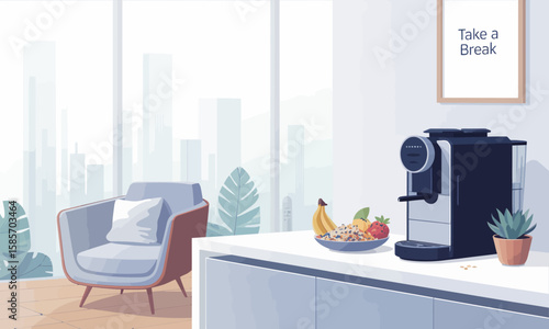 Illustration of a bright, modern office break room with a coffee machine, fruit bowl, armchair, and cityscape view, promoting relaxation.