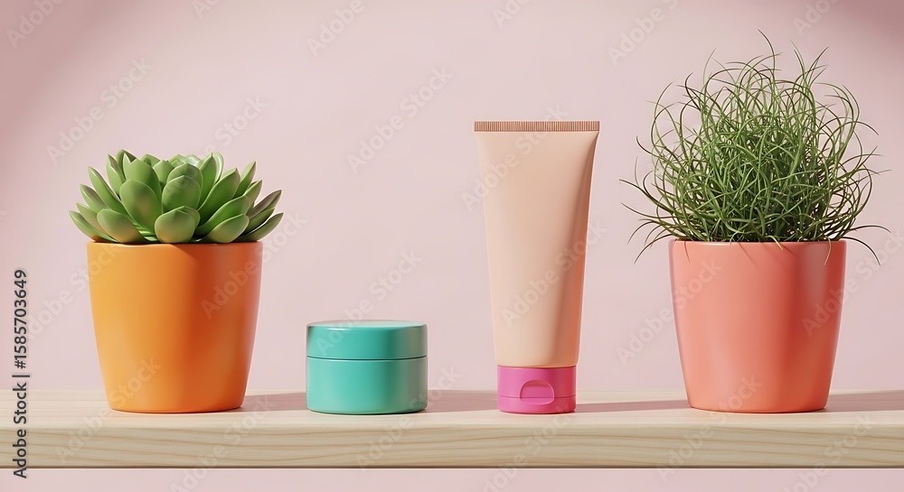 Fototapeta premium Cosmetic products and plants arranged on a shelf