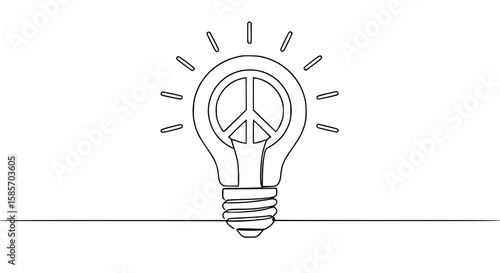 Lightbulb with peace symbol in a single line outline vector style  
