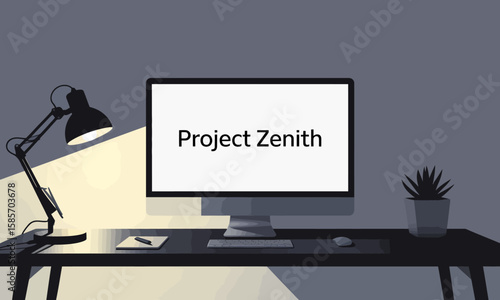 A minimalist illustration of a desk setup with a computer displaying "Project Zenith," a lamp, a plant, and stationery.