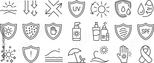Sun protection, SPF shield, UV defense, sunscreen icon set in outline style, skincare symbols for health and summer safety illustration