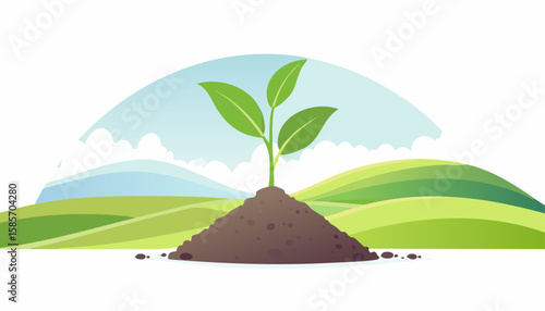 Small plant thriving in rich earth surrounded by natural hills and open blue sky.