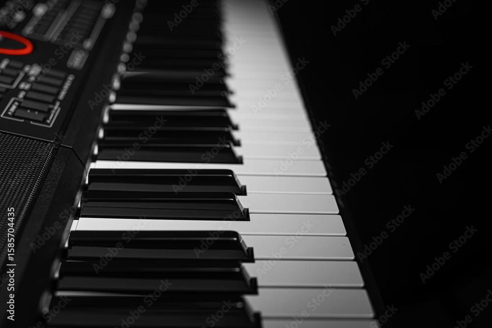 Closeup of a modern digital piano keyboard with black and white keys in a diagonal perspective on a dark background.
