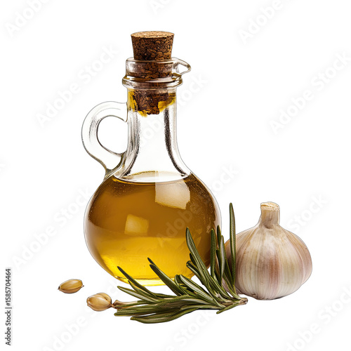 A clear glass decanter of golden oil, corked, with a sprig of rosemary and garlic clove beside it, suggesting culinary use