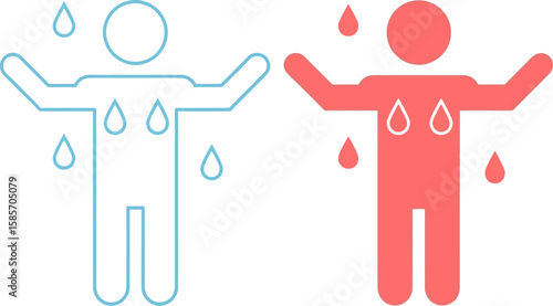 Two stylized figures one blue and one red with water droplets falling on them
