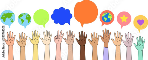 Diverse hands raised with speech bubbles containing global symbols and positive icons