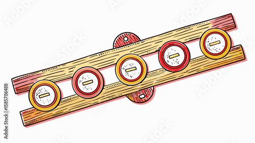 Illustration of a wooden toy with five colorful circular pieces attached to two parallel wooden bars