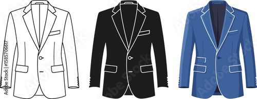Three styles of men s suits a white outline a black silhouette and a blue jacket
