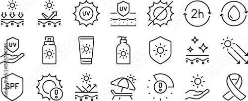 UV protection icon set, sunscreen symbols, SPF skin care, sun safety graphics, skincare line art, dermatology icons, solar defense illustrations