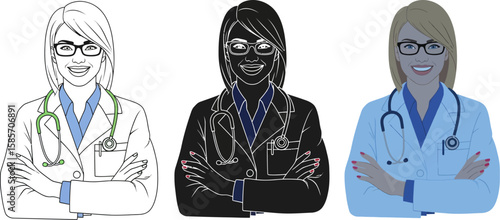 Female doctor wearing glasses and stethoscope with arms crossed in three styles