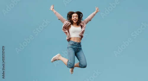 Joyful Young Woman Jumping Against Blue Background