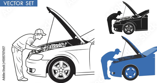 Mechanic working on car engine with hood open in vector art style