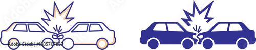 Two cars in a collision with a graphic representation of impact