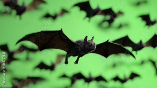 Bats in Flight: A captivating swarm of bats soar through the night sky, their silhouettes dancing against a stark, verdant backdrop, creating a sense of mystique and fascination. 
