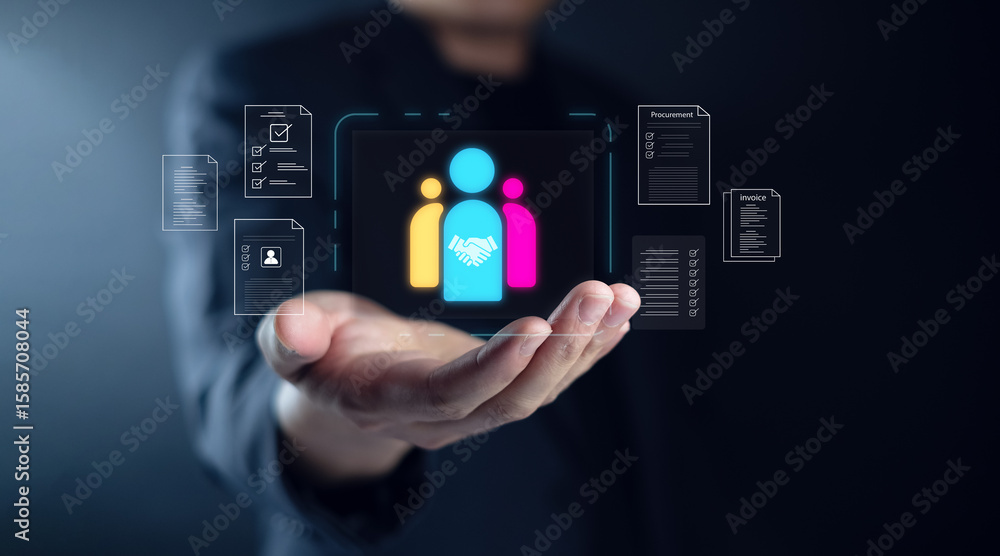 Fototapeta premium Procurement innovation Digital invoices A hand holds digital icons representing teamwork and collaboration in a modern setting. Procurement supply chain systems purchasing automation