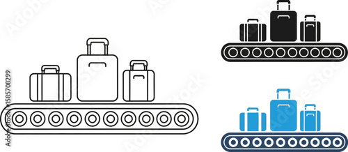 Airport luggage conveyor belt with suitcases in different styles