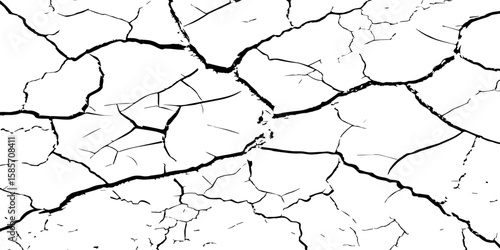"A high-contrast, black and white close-up of a cracked surface, resembling dry earth or old paint, with irregular polygonal segments and fine lines spreading across the frame."
