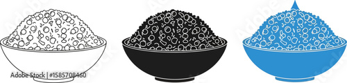Three bowls of rice in line drawing black and blue colors isolated on white