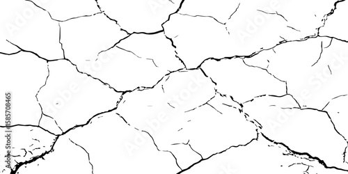 "A high-contrast, black and white close-up of a cracked surface, resembling dry earth or old paint, with irregular polygonal segments and fine lines spreading across the frame."