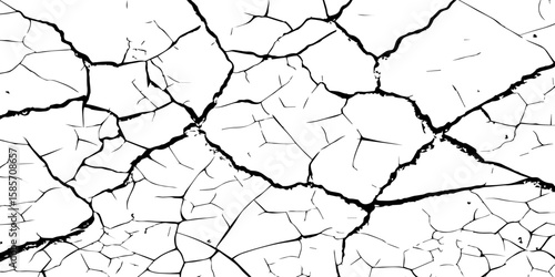"A high-contrast, black and white close-up of a cracked surface, resembling dry earth or old paint, with irregular polygonal segments and fine lines spreading across the frame."