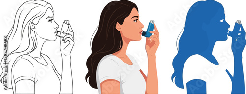 Woman using an inhaler for asthma relief and breathing treatment