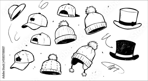 Diverse Hand-Drawn Hat Collection: Black and White Sketch Illustrations of Baseball Caps, Beanies with Pom-Poms, and Classic Top Hats, Perfect for Fashion Concepts