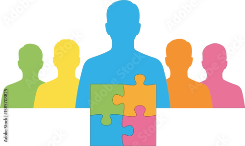 Diverse team of people connected by colorful puzzle pieces representing unity and collaboration