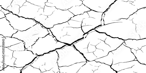 "A high-contrast, black and white close-up of a cracked surface, resembling dry earth or old paint, with irregular polygonal segments and fine lines spreading across the frame."
