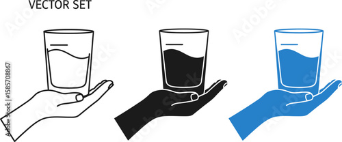 Set of three hands holding a glass of water in different styles