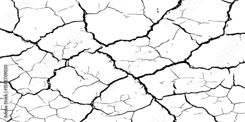 "A high-contrast, black and white close-up of a cracked surface, resembling dry earth or old paint, with irregular polygonal segments and fine lines spreading across the frame."