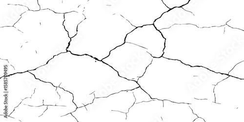 "A high-contrast, black and white close-up of a cracked surface, resembling dry earth or old paint, with irregular polygonal segments and fine lines spreading across the frame."