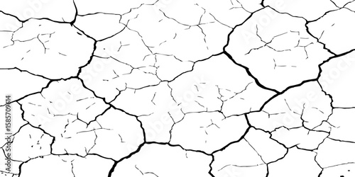 "A high-contrast, black and white close-up of a cracked surface, resembling dry earth or old paint, with irregular polygonal segments and fine lines spreading across the frame."