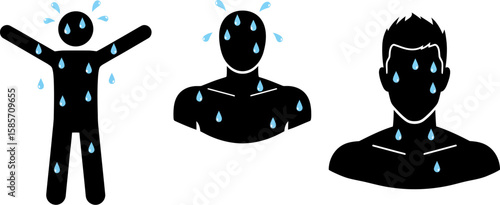 Three black silhouette figures sweating profusely with water droplets on white background