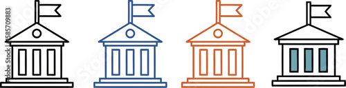 Collection of stylized government buildings with flags and colorful windows