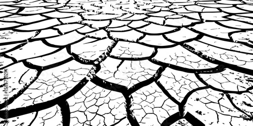 "A stark, black and white, high-contrast image showing a wide expanse of deeply cracked earth, stretching towards a distant horizon, emphasizing the textures and patterns of drought and desiccation."