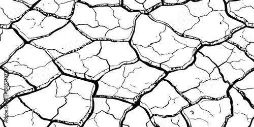 "A stark, black and white, high-contrast image showing a wide expanse of deeply cracked earth, stretching towards a distant horizon, emphasizing the textures and patterns of drought and desiccation."