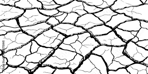 "A stark, black and white, high-contrast image showing a wide expanse of deeply cracked earth, stretching towards a distant horizon, emphasizing the textures and patterns of drought and desiccation."