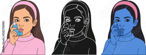 Girl using an inhaler for asthma treatment in three different artistic styles