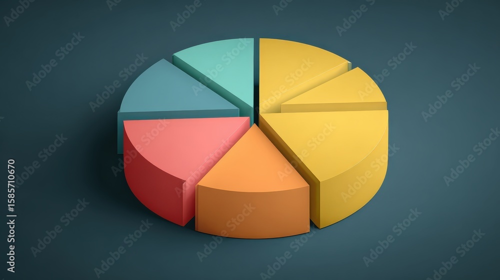 Obraz premium A colorful 3D pie chart with six distinct segments displayed on a dark background.