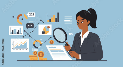 An African-American businesswoman analyzes financial data, using a magnifying glass to closely examine charts and graphs, assessing business performance and economic trends.