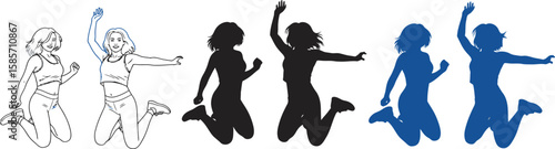 Two energetic women in athletic wear jumping for joy in line art and silhouette styles