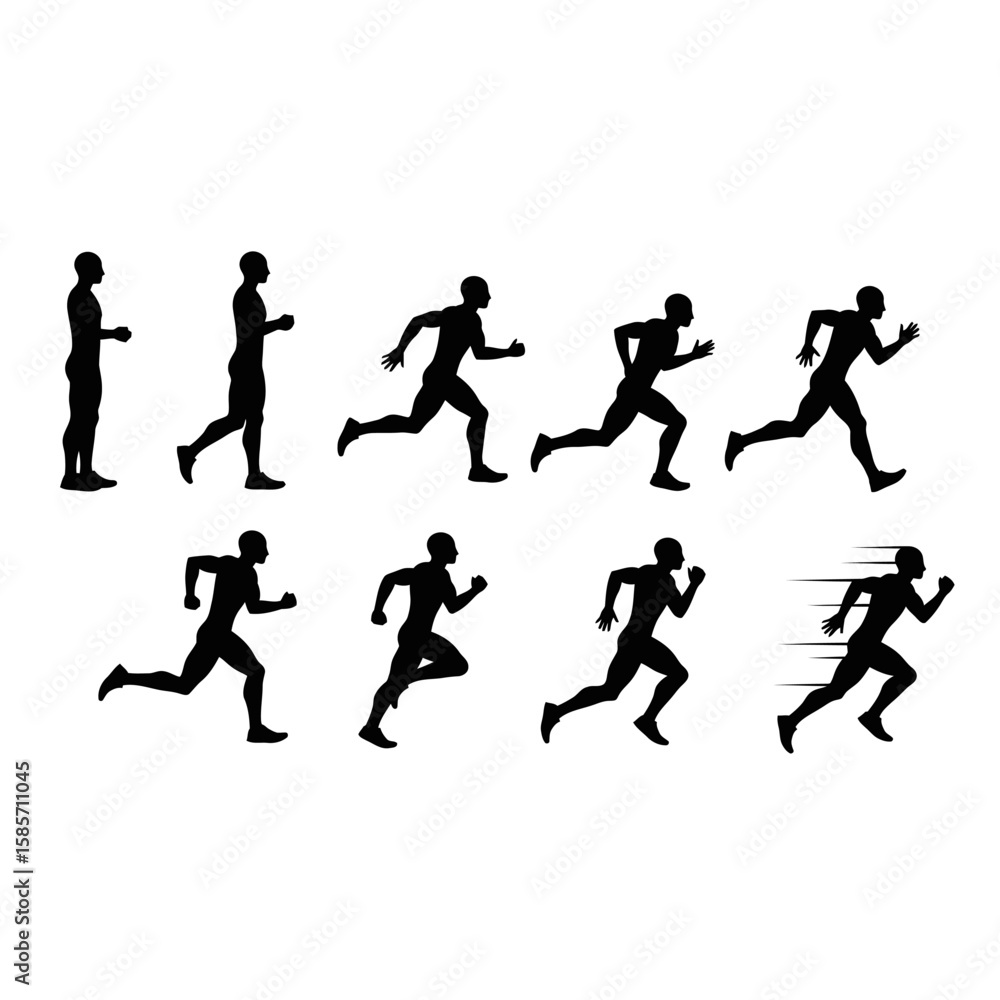 A sequence of black silhouettes depicts a man running, showcasing various stages of a sprint from a standing start to full speed, ideal for animation or sports-themed projects. A sequence of black silhouettes depicts a man running, showcasing various stages of a sprint from a standing start to full speed, ideal for animation or sports-themed projects.