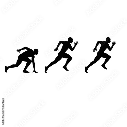 A dynamic silhouette sequence captures a male runner's sprint progression, from the ready position to explosive acceleration.
