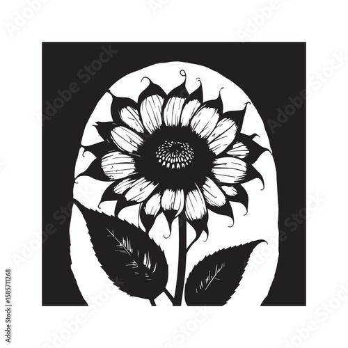 Sunflower Silhouette: The image displays a stylized sunflower silhouette in black and white, presented in an artistic way. It radiates an elegant, timeless, and graceful feel