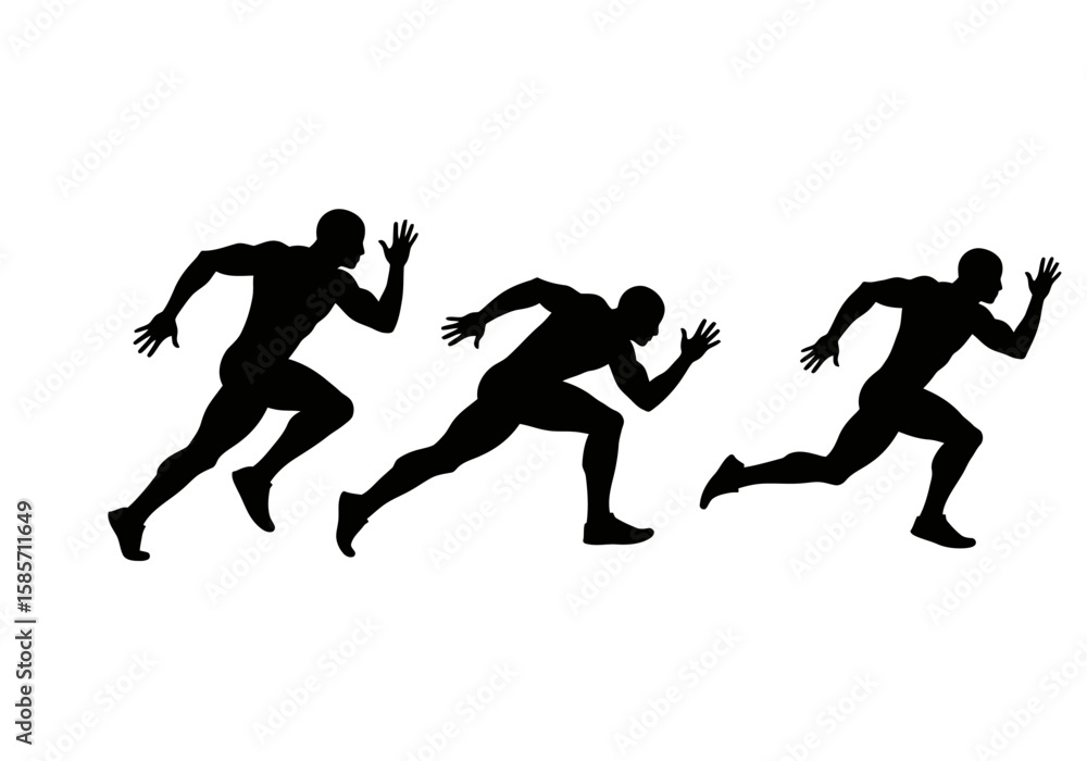 Obraz premium Three dynamic black silhouettes of male athletes are depicted in various stages of a powerful sprint against a clean white background, symbolizing speed and competition.