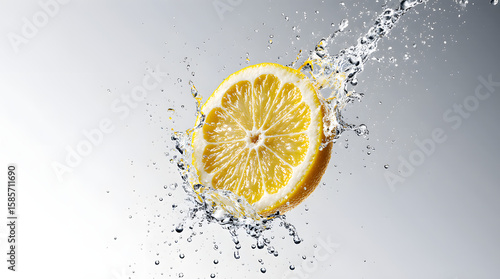 Lemon slice splash with water on light background