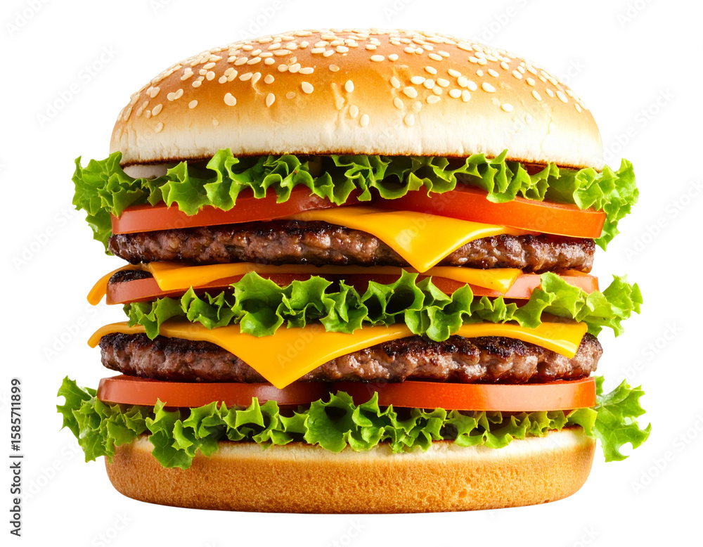 Juicy Double Beef Burger with Melted Cheese and Lettuce, Front View, Isolated PNG Juicy Double Beef Burger with Melted Cheese and Lettuce, Front View, Isolated PNG