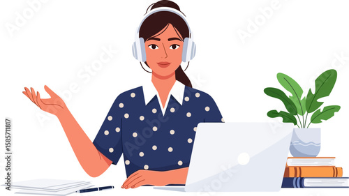 Friendly female customer service representative with headset and laptop assisting clients